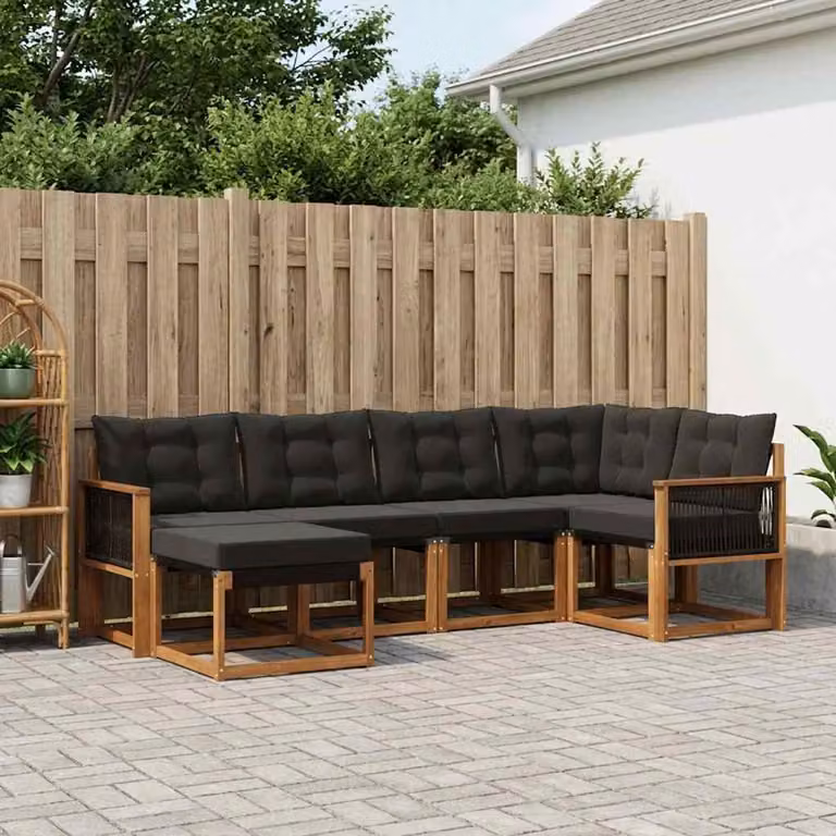 Set di divani da esterno vidaXL a forma di L con 6 pezzi, in legno di acacia e tessuto textilene, colore marrone e nero