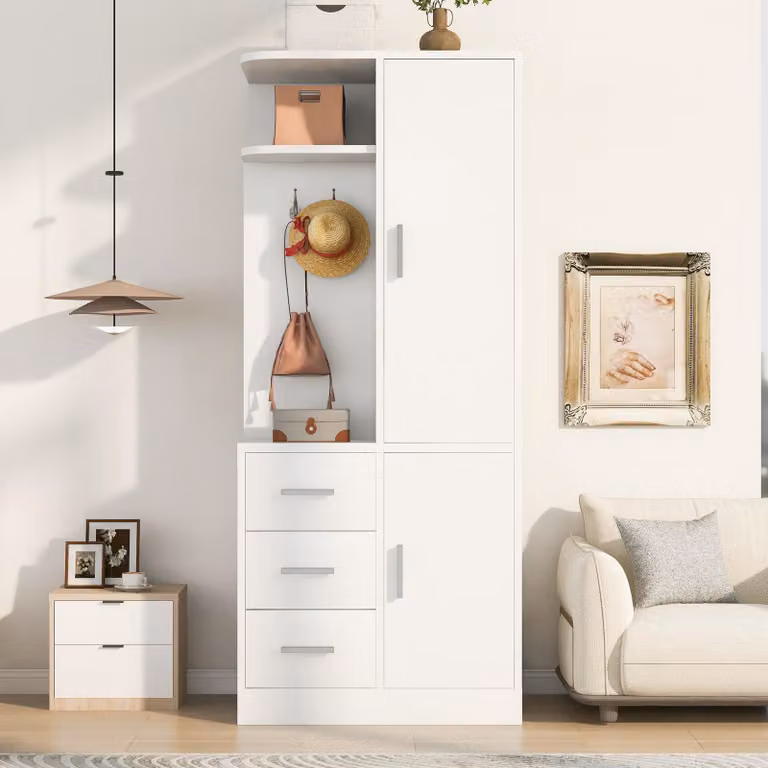 Armadio a ingresso ovoid con 3 cassetti e ganci per appendiabiti, mobiletto portaoggetti con ripiani e asta appendiabiti, ideale per l'ingresso o la camera da letto, colore bianco