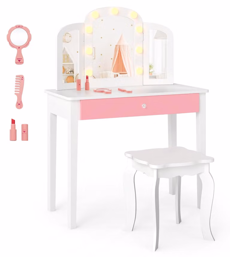 FANTASK: Tavolino 2-in-1 per bambine, con contenitore per cosmetici, cassetto e sgabello. Arredamento per bambini