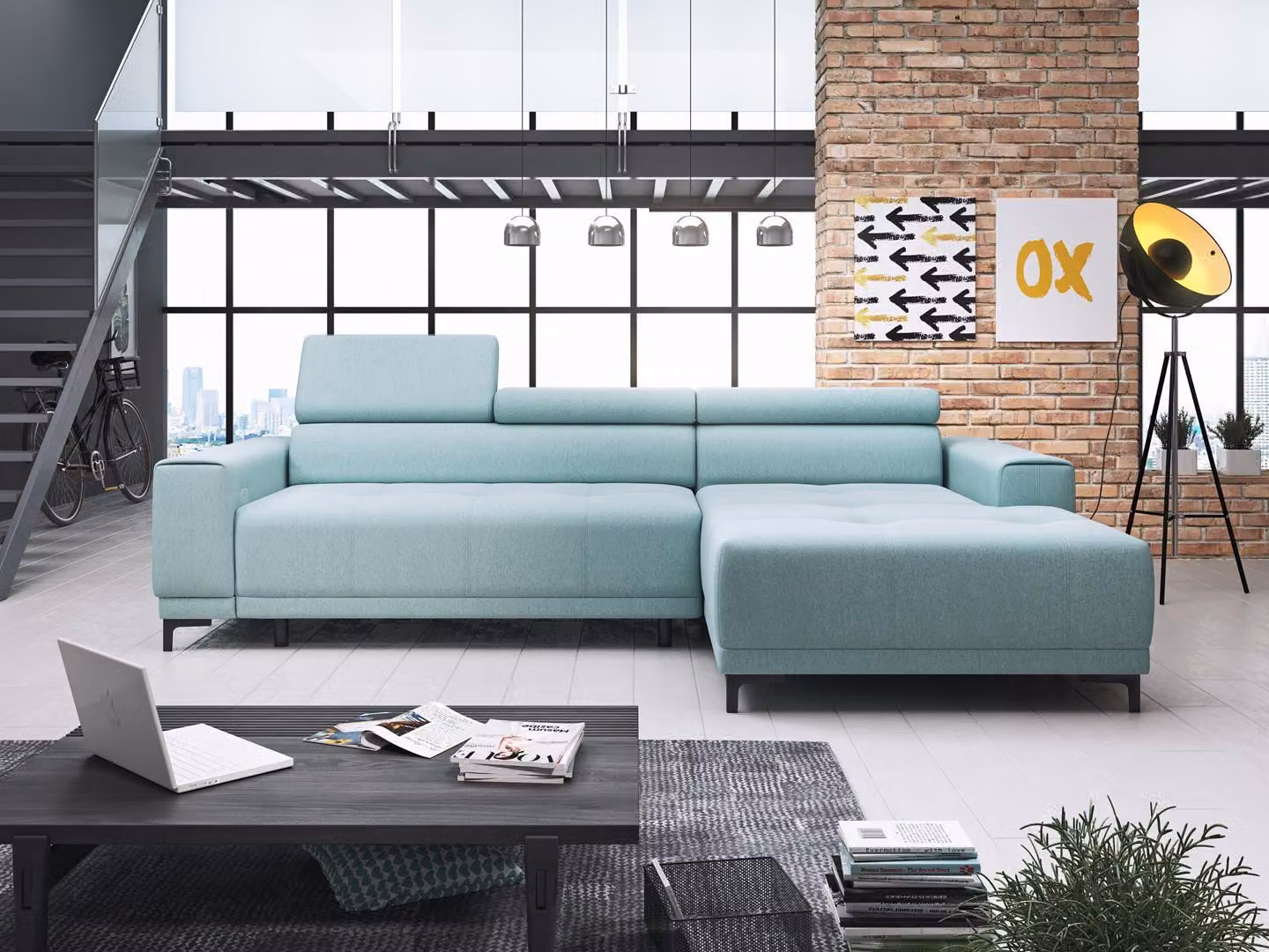 Divano angolare a forma di L, rivestito in tessuto, per soggiorno. Divano moderno, design elegante