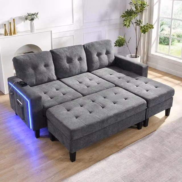 Divano letto angolare L con LED ¨C Minimal ¨C tessuto grigio, 3 posti con poggiapiedi