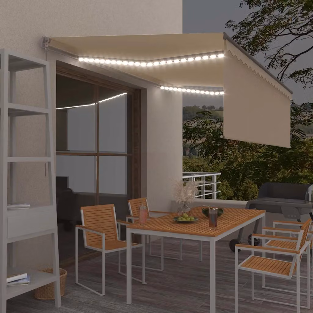 Tenda da Sole Retrattile Manuale con LED vidaXL, Colore Crema, L: 400 cm x P: 300 cm