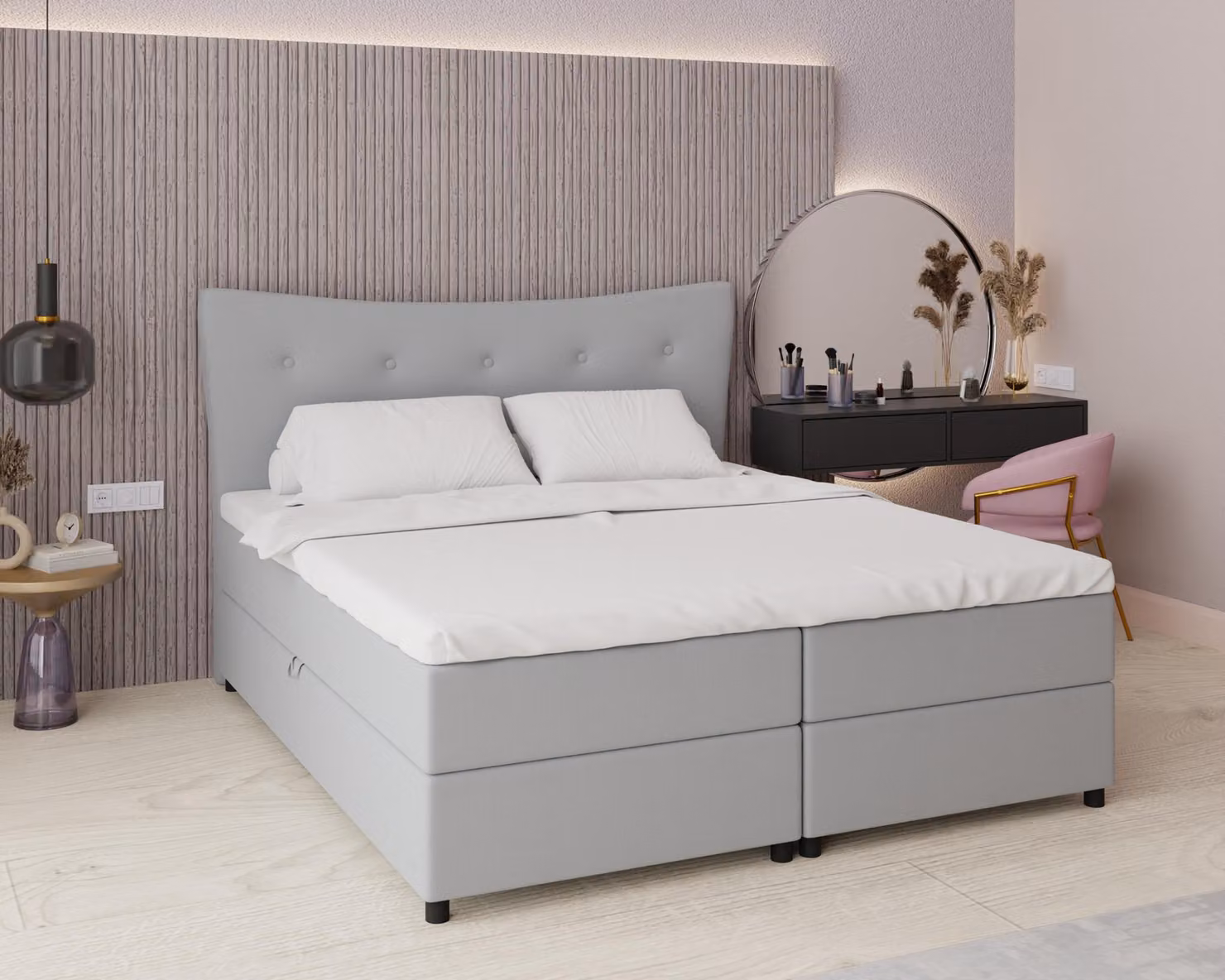 Letto boxspring, 180 cm x 200 cm, grigio, con contenitore, materasso e coprimaterasso, letto matrimoniale, NEVADA, Panda Möbel