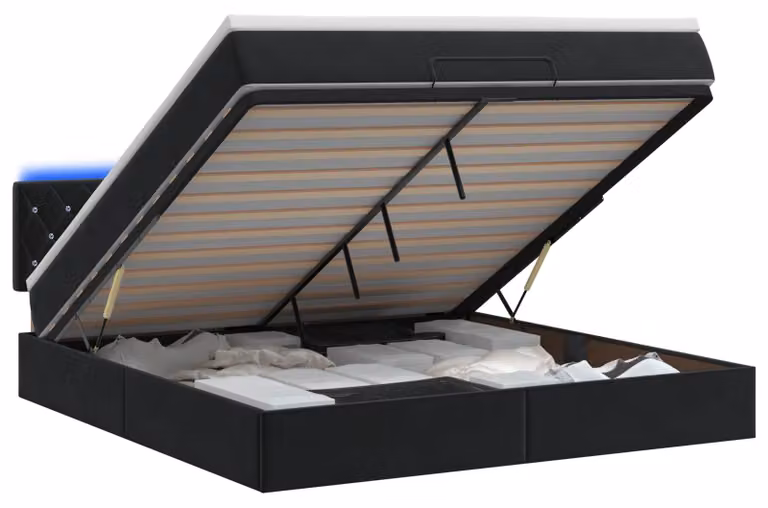 Letto ottomano con materasso e luci LED, nero, in velluto, 180 x 200 cm