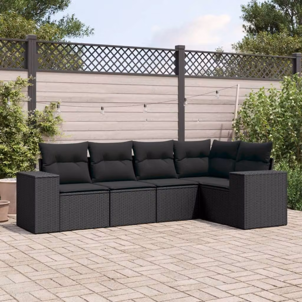 vidaXL Set Divani da Giardino a L 5 pz in Polyrattan Nero con Cuscini Imbottiti – 1