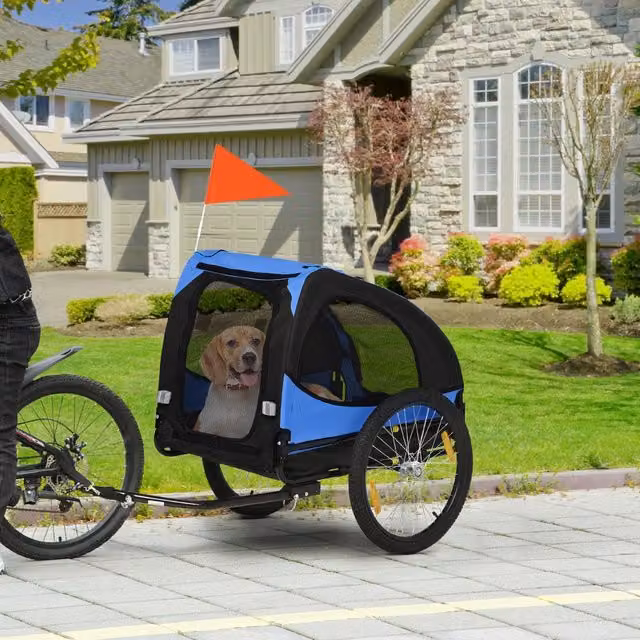 Carrello pieghevole per cani con finestre a rete e guinzaglio interno in tessuto Oxford blu e riflettori