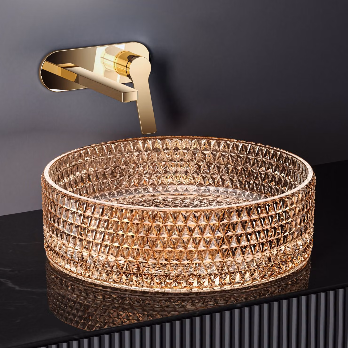 EMKE Lavabo da appoggio Vetro rotondo Oro rosa trasparente 36 x 36 x 11,2 cm Lavabo di design di alta qualità per il bagno e il WC degli ospiti Lavandino