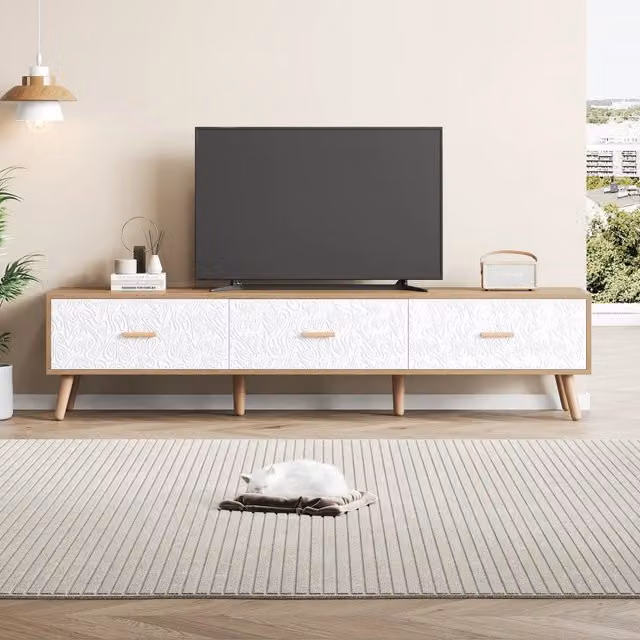 Mobile TV Zephmum in legno beige e bianco con finitura vintage, L 150 x P 35 x H 39 cm