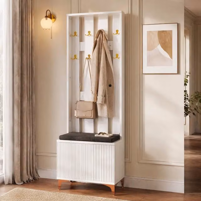Garderoba moderna con panca e ganci dorati in MDF, disponibile nei colori bianco, grigio e oro, H: 180.5 cm, L: 60.5 cm, P: 35.2 cm