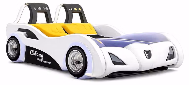 Letto bianco per bambini, modello auto, con illuminazione a LED