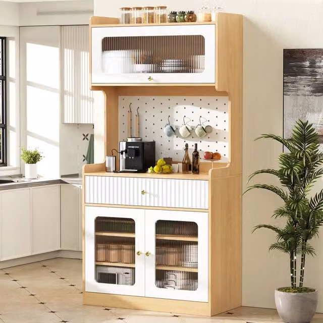 Credenza Mivray per cucina e soggiorno con ante a ribalta in vetro rigato e illuminazione LED, colore bianco e beige, L: 80 cm, P: 40 cm, H: 180 cm
