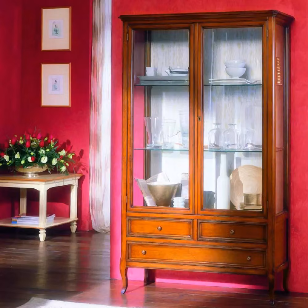 Vetrina classica in legno con ante in vetro e 3 cassetti Mobili 2G finitura bassano L: 108 cm, P: 40 cm, H: 190 cm – 2