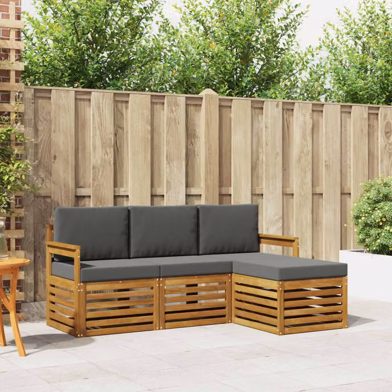 Set di divani da esterno L-shape vidaXL in legno di acacia con pouf e cuscini, colore antracite e beige