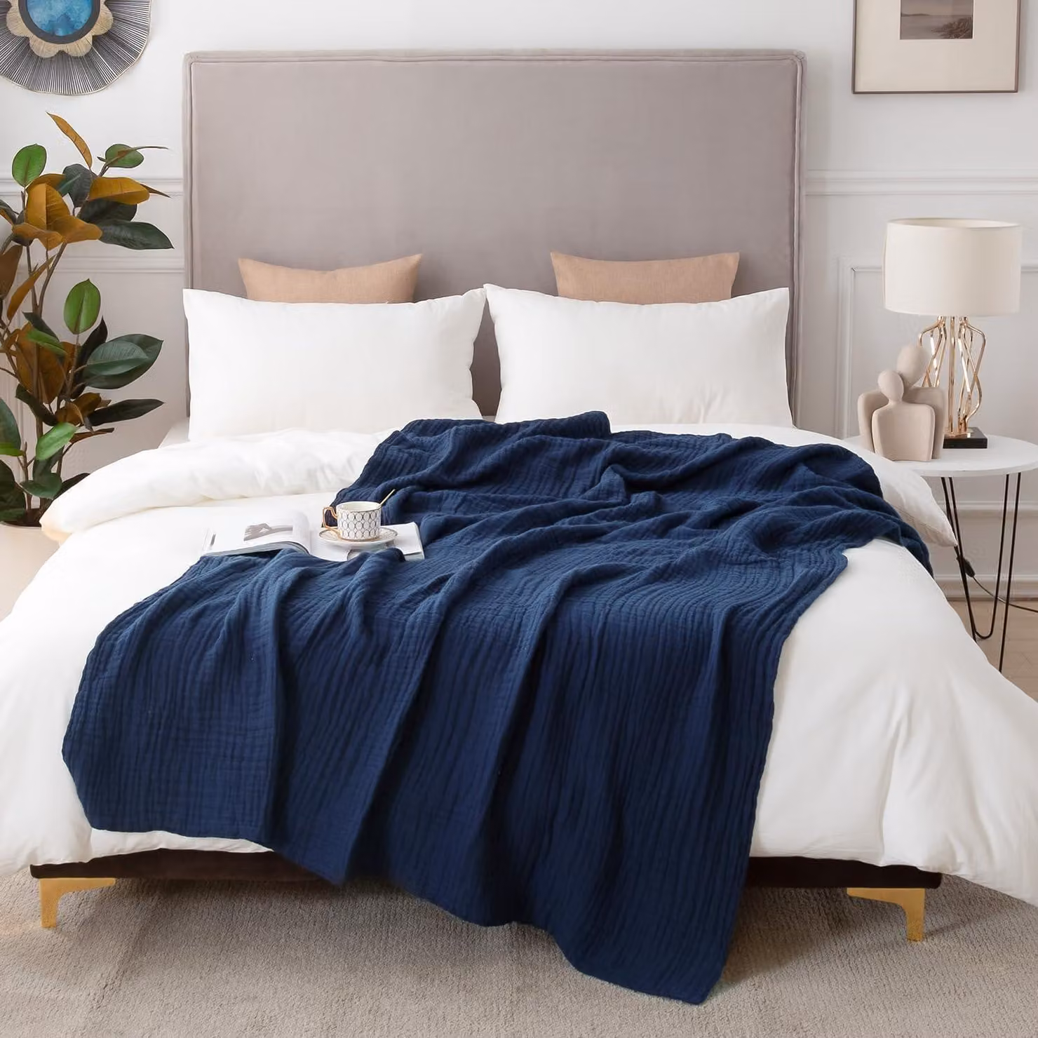 Coperta in mussola di cotone, matrimoniale, 274 x 228 cm, colore blu navy