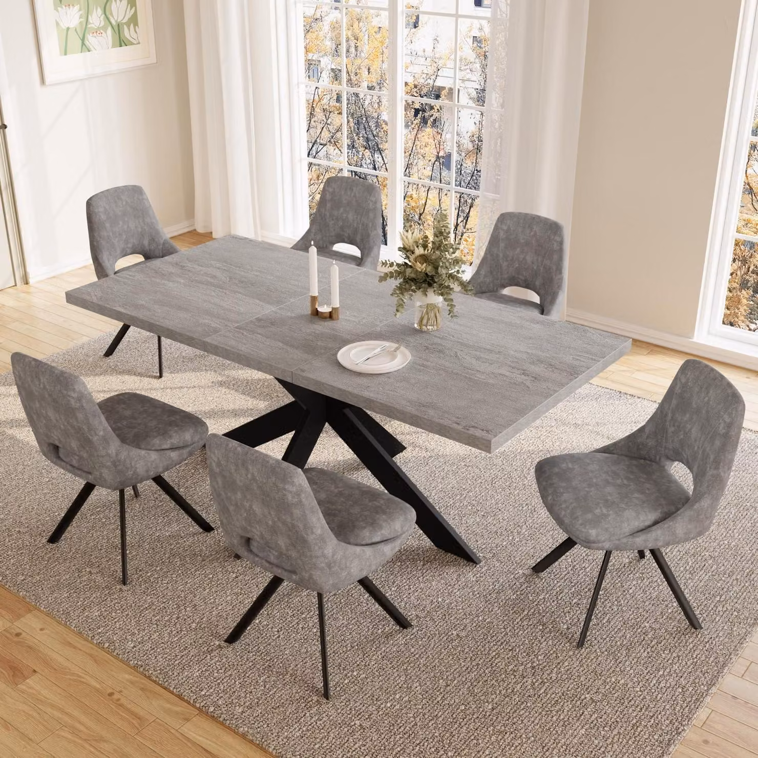 Tavolo allungabile grigio con 6 sedie, realizzato in MDF, dimensioni da 130 a 170 cm