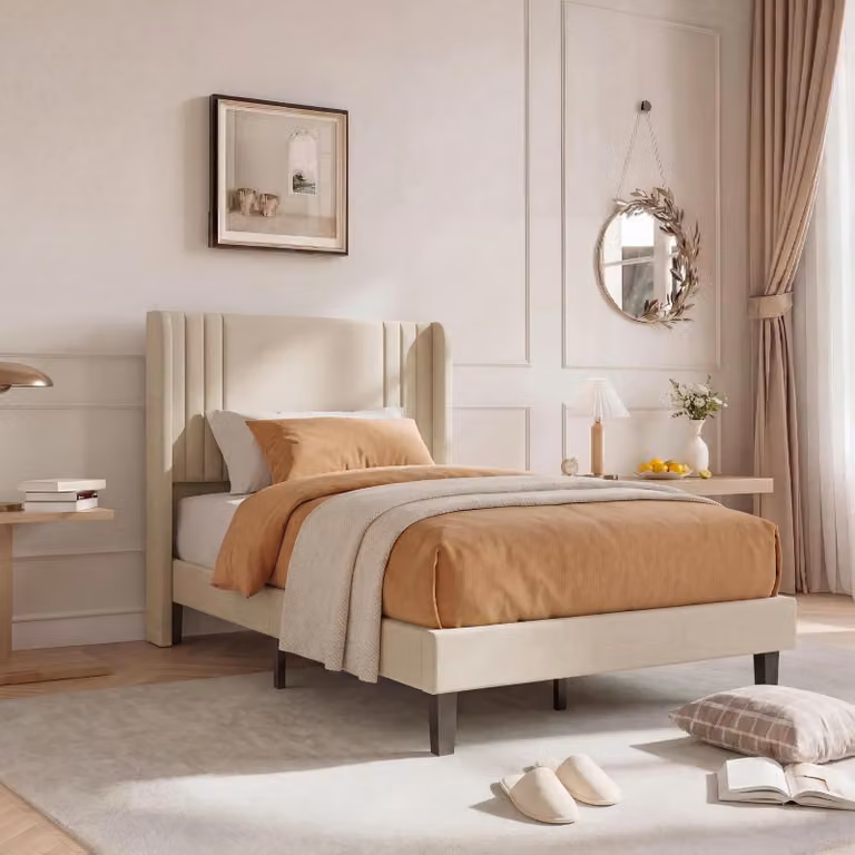 Letto imbottito ProximaX 90x200 cm in lino beige, morbida testiera ad ali, robusto telaio in metallo con rete a doghe, ampio vano portaoggetti sotto il letto, letto moderno e confortevole per la camera da letto e la camera degli ospiti