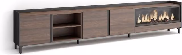Mobile TV Soggiorno, 315x61x35 cm, Per TV fino a 80", Camino elettrico XXL, Design industriale, Rovere scuro e Nero