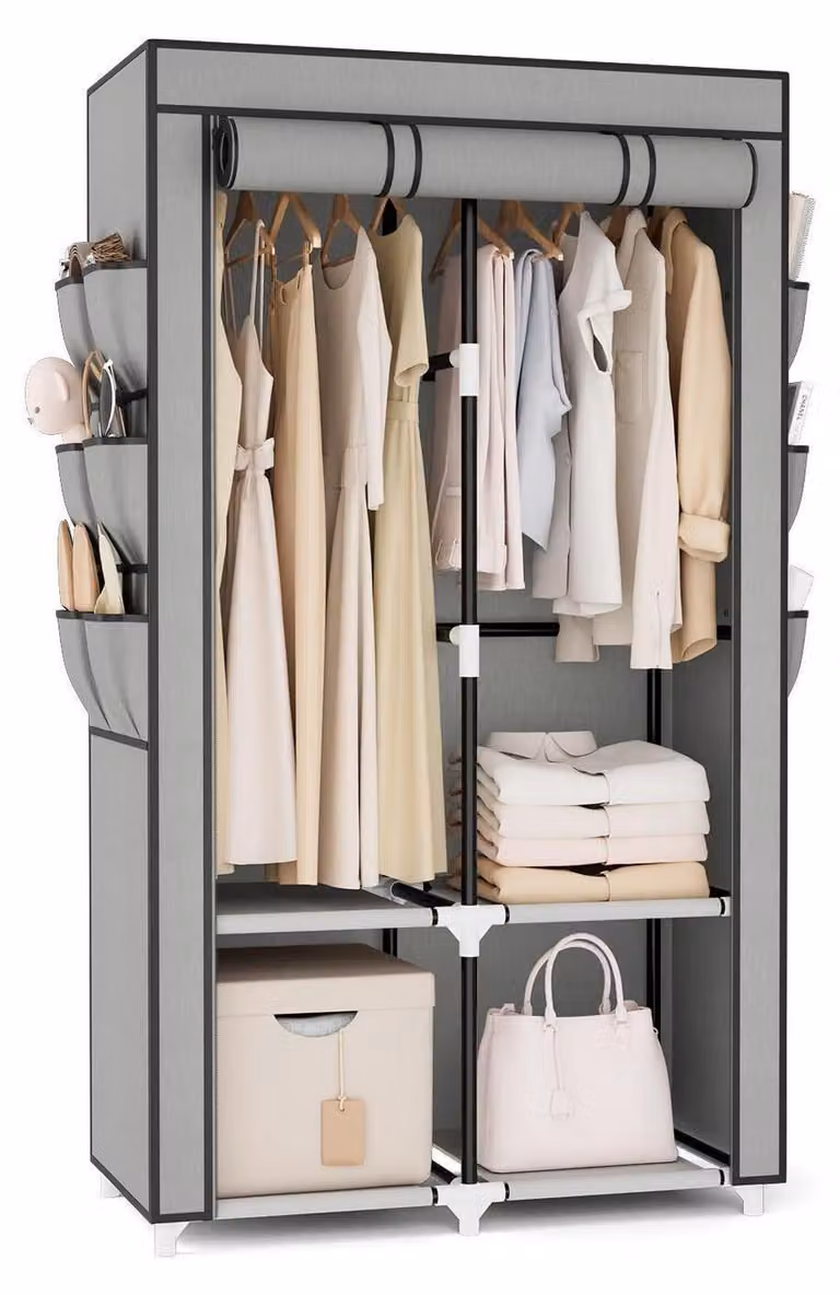 Armadio portatile in tessuto, grigio, con 4 ripiani, 2 aste appendiabiti, 6 tasche, protezione antipolvere, dimensioni 90x45,5x172 cm