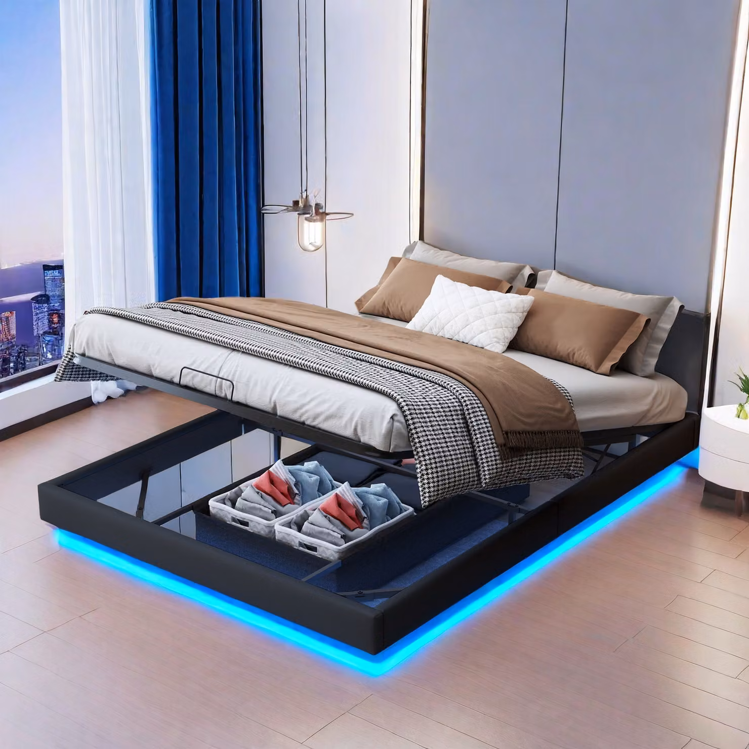 Letto imbottito 160x200 con rete a doghe in legno, struttura letto 160x200 cm con illuminazione LED, letto con biancheria, robusto e stabile, letto matrimoniale, struttura letto