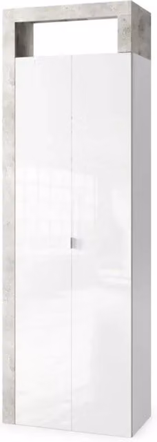 Armadio per bagno, 2 ante, collezione BURA. Colori bianco lucido laccato e grigio effetto cemento.