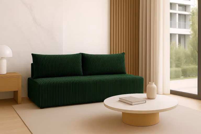 Sofello LUNO divano con funzione letto verde - Divano moderno in velluto a coste per il vostro salotto, zona notte: 204×144 cm