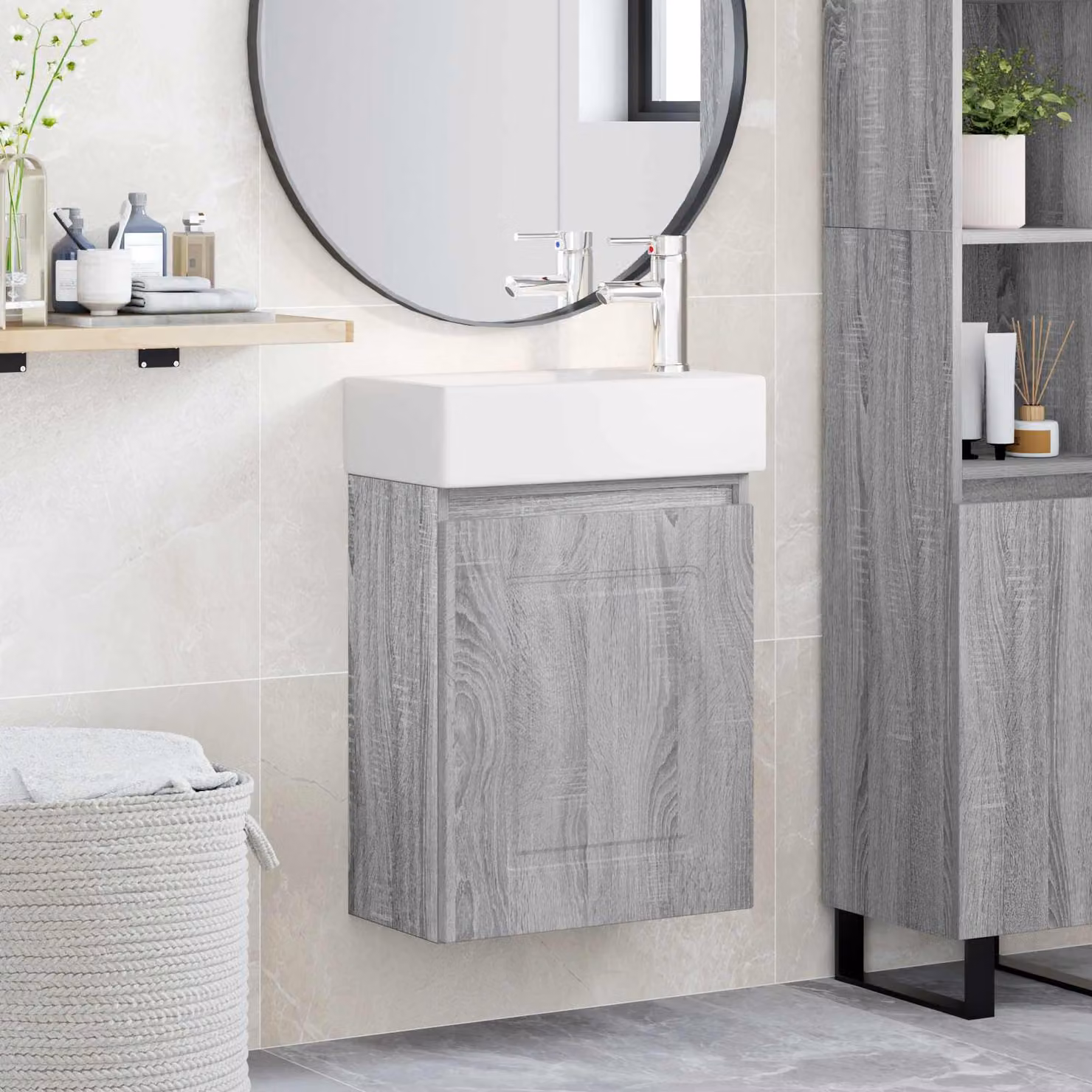Mobile bagno con rubinetto vidaXL in stile moderno, colore grigio e bianco, L: 45,5 cm, P: 22,5 cm, H: 84 cm