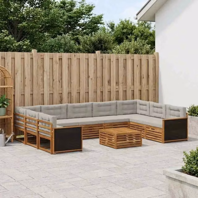 Set di divani da esterno a forma di U vidaXL in legno di acacia con cuscini, beige e grigio