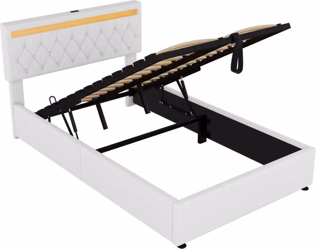 Letto imbottito bianco 140x200 cm con contenitore sollevabile, illuminazione LED RGB e porte USB/Type-C