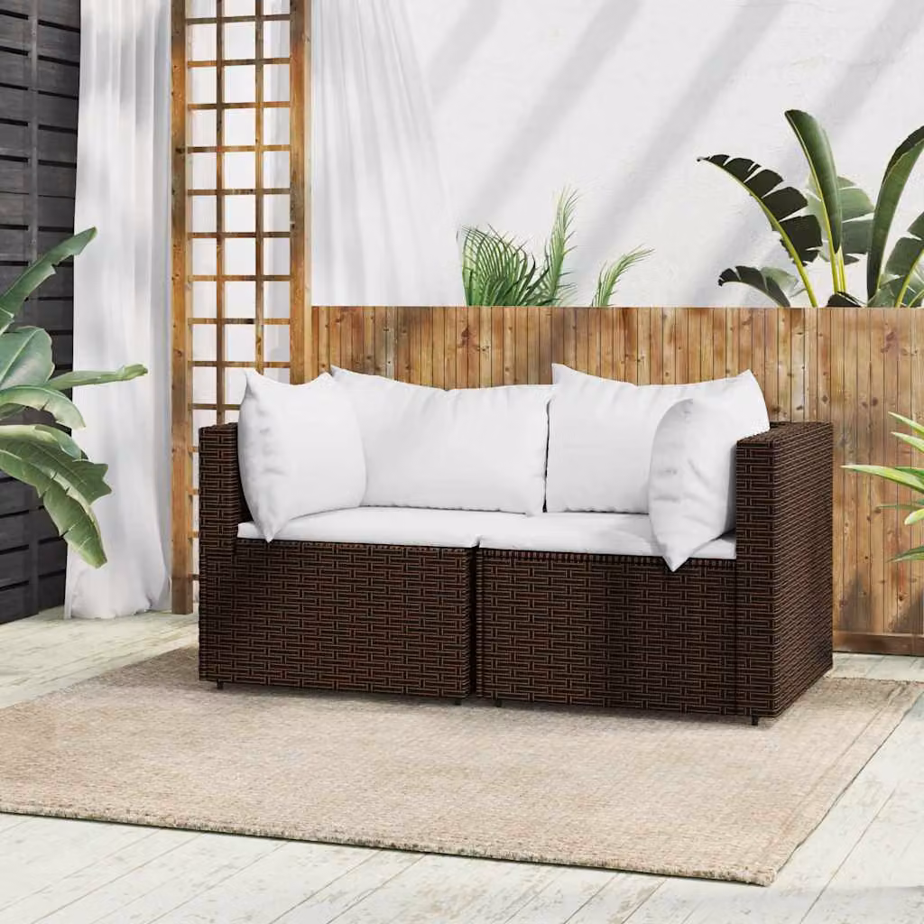 Set di 2 Divani Angolari da Giardino vidaXL in Polyrattan Marrone con Cuscini Bianchi