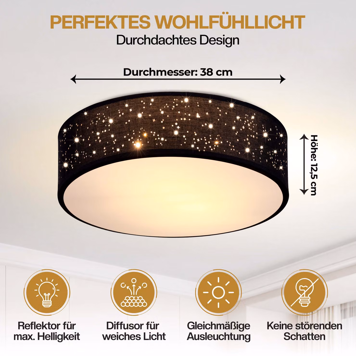 Lampadario da soffitto moderno MONZANA in tessuto nero Ø 38 cm – 4