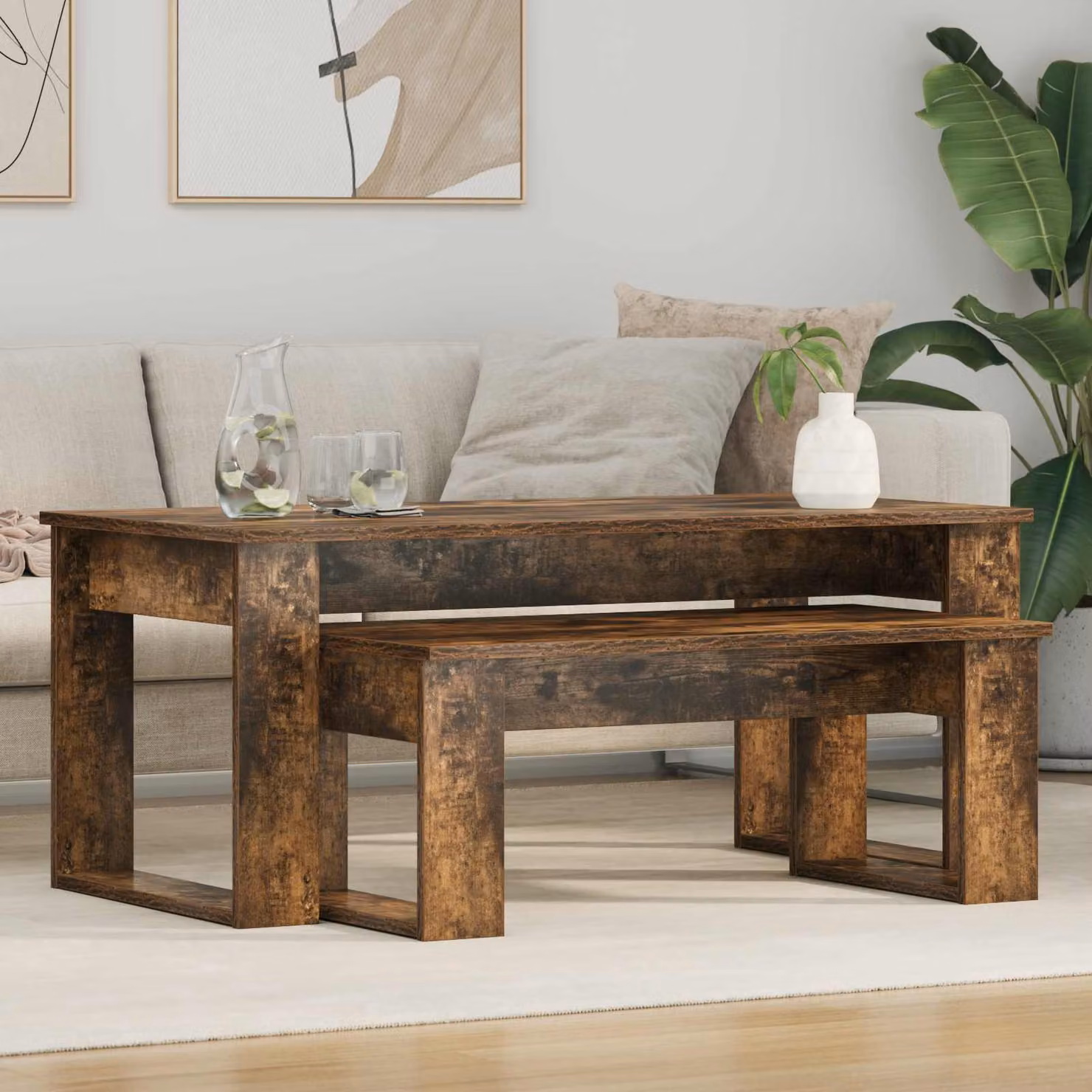 Set di 2 tavolini da caffè moderni vidaXL in rovere fumé, forma rettangolare, L/P/H: 100 x 50 x 42 cm