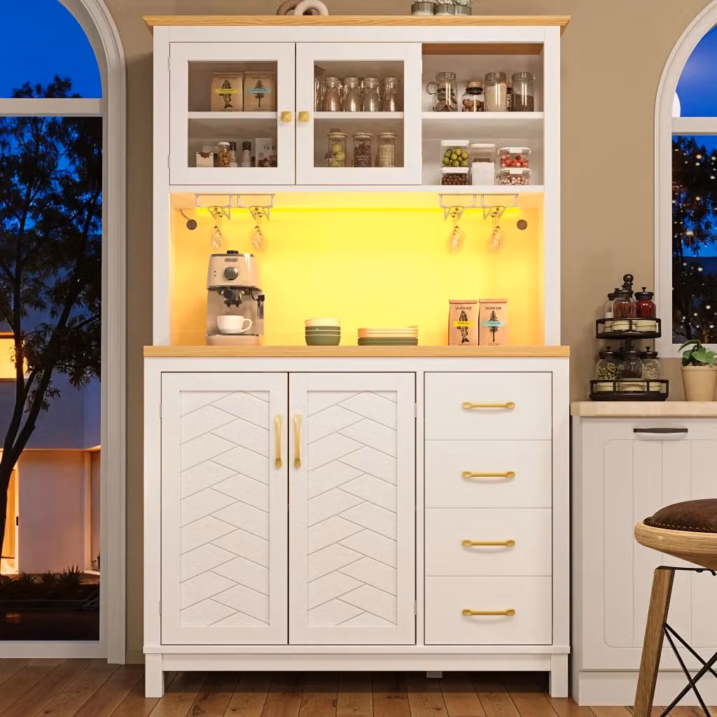 Credenza Mivray con LED controllabile tramite app, cassetti e ripiani in MDF e metallo, colore bianco, L: 105.5 cm, P: 40 cm, H: 180 cm – 2