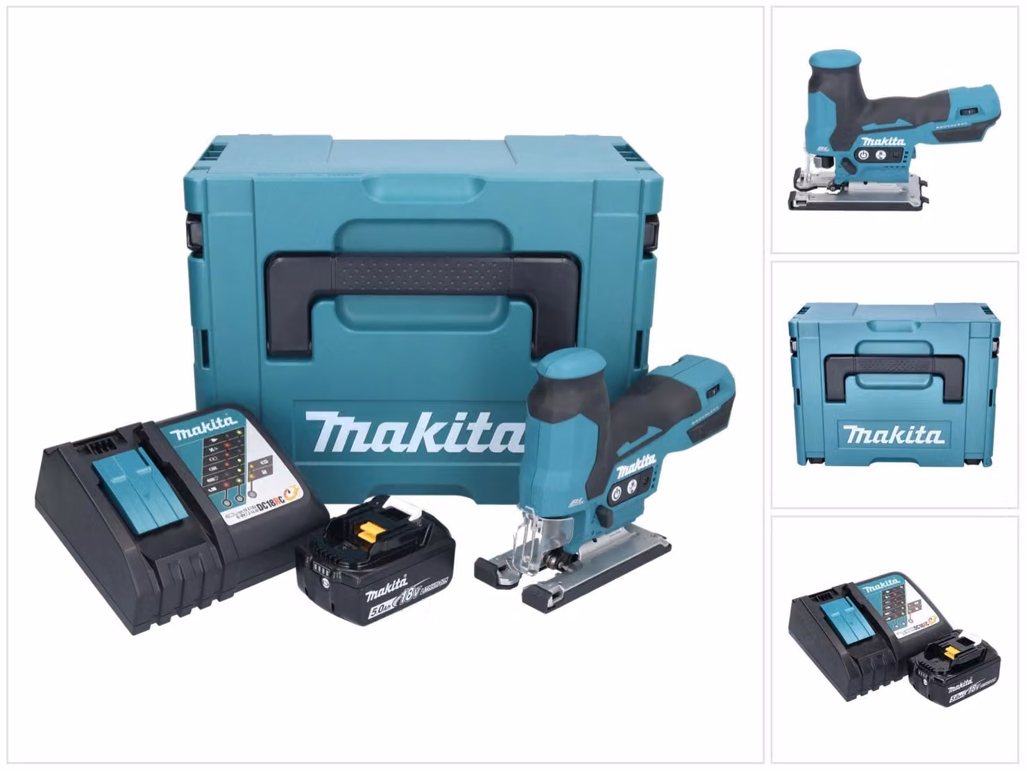 Seghetto alternativo a batteria Makita DJV 185 RT1J 18 V brushless + 1 batteria da 5,0 Ah + caricabatterie + Makpac