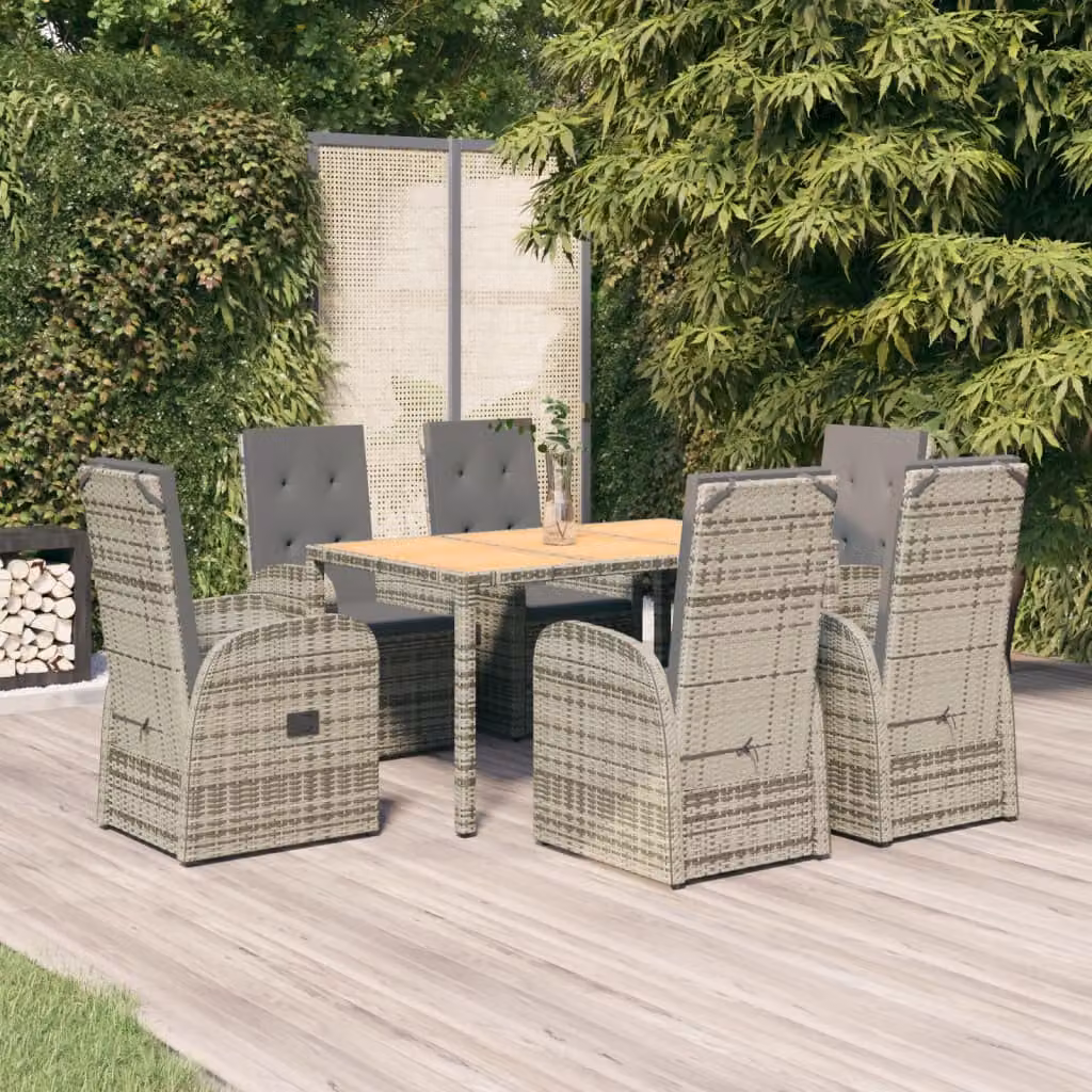 Set da pranzo da giardino vidaXL in polyrattan e legno di acacia grigio con 7 pezzi e cuscini