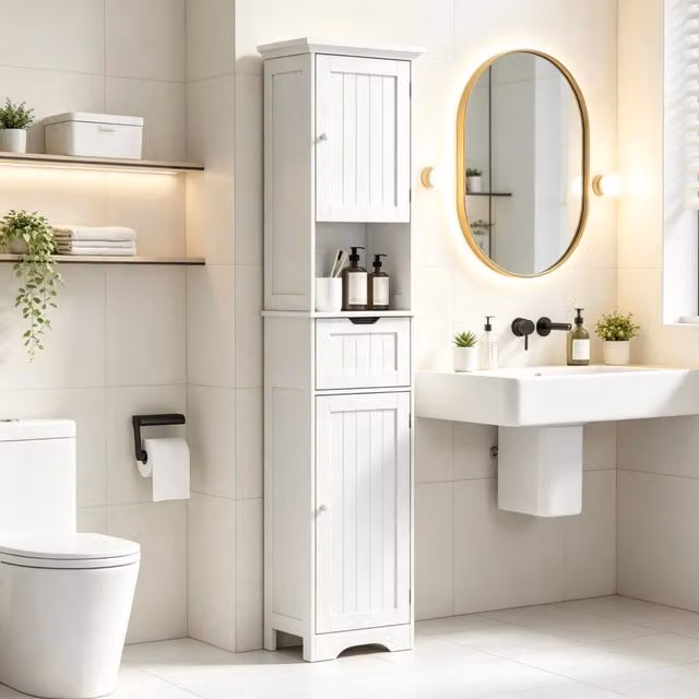 Armadio Colonna da Bagno REDOM Bianco in MDF con Illuminazione LED e Sensore, L: 40 cm, P: 30 cm, H: 170 cm – 1