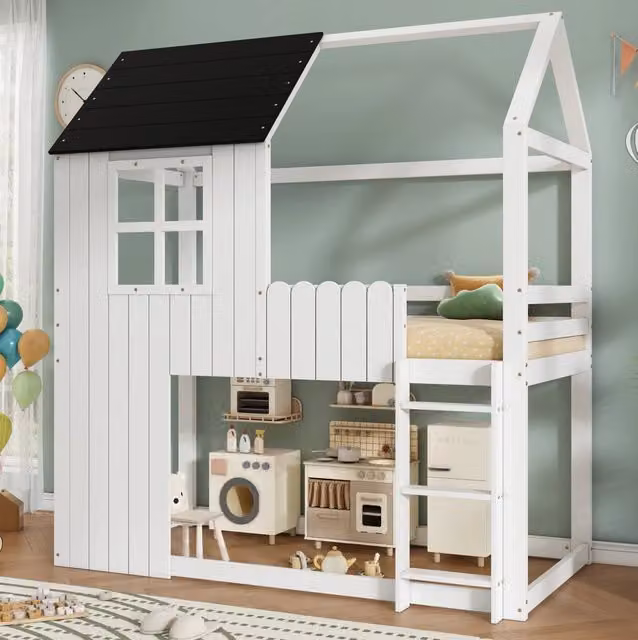 Letto a soppalco per bambini a casetta con scala, bianco e nero, L/P/H: 200 x 90 x 176,5 cm