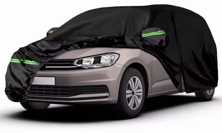 Copertura per auto, tipo garage completo, per VW Touran dal 2003 al 2024, colore nero, impermeabile, adatta a tutte le condizioni atmosferiche, con porta con cerniera