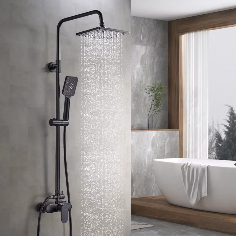 Sistema doccia con soffione a pioggia, regolabile in altezza, colore nero, set completo