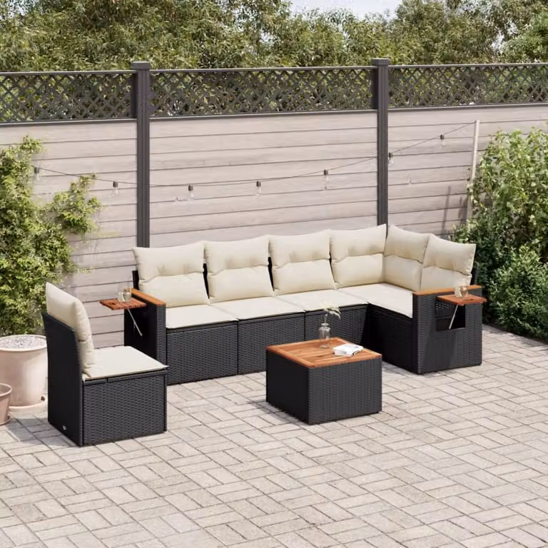 vidaXL Set Divano da Giardino a L con 7 Pezzi in Polyrattan Nero e Cuscini Imbottiti