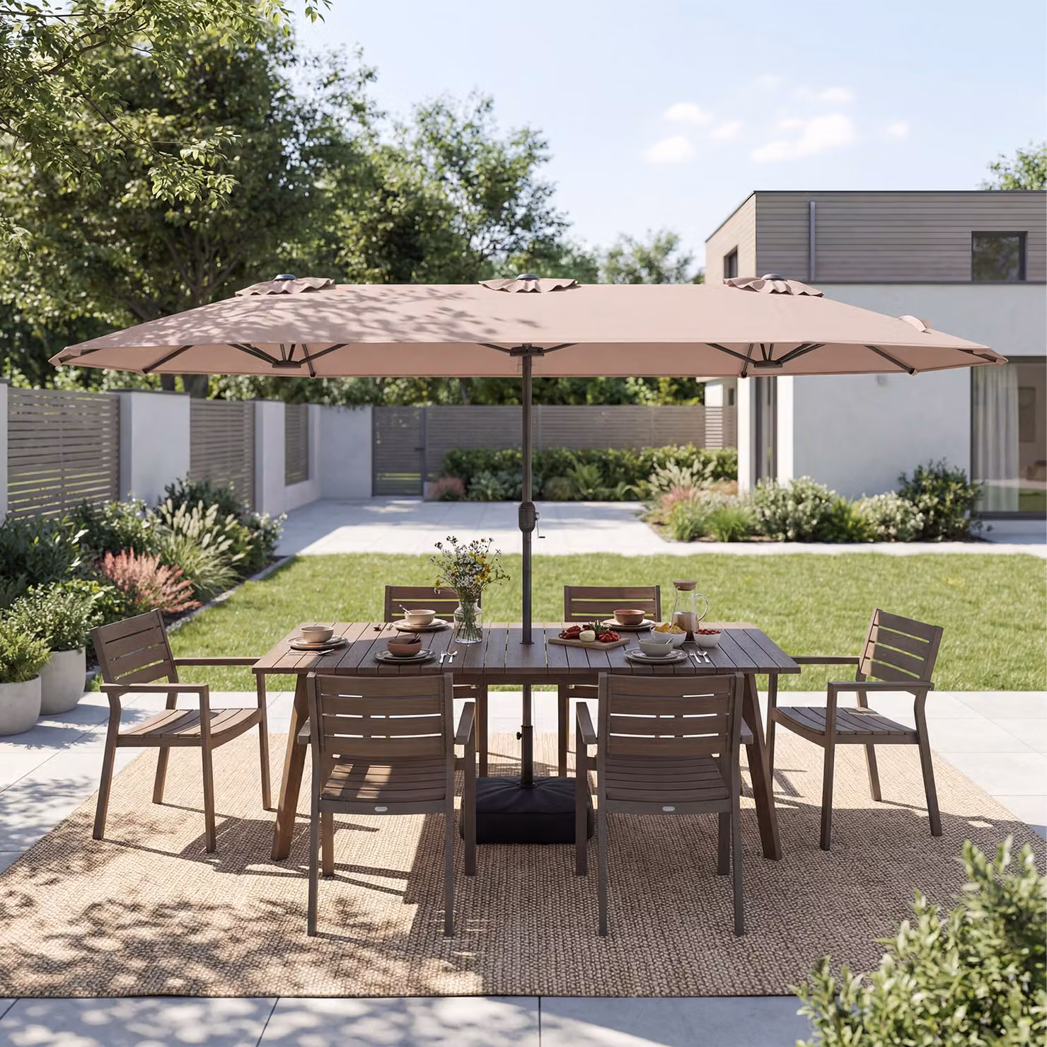 Ombrellone da esterno rettangolare a braccio Costway Marro beige con manovella scorrevole e 12 stecche resistenti e 2 sacchi di sabbia