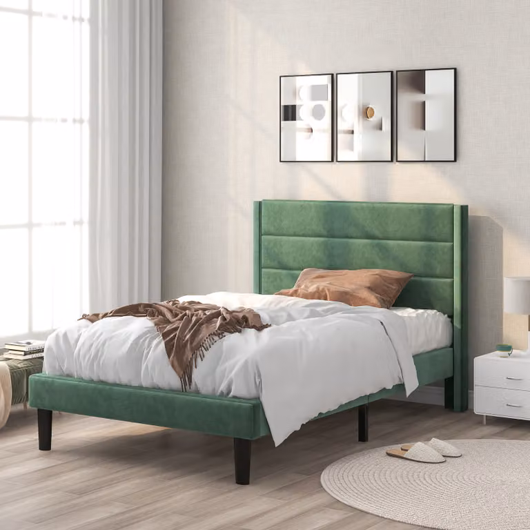 Letto imbottito Sweiko 90 x 200 cm con rete a doghe e testata in velluto verde scuro