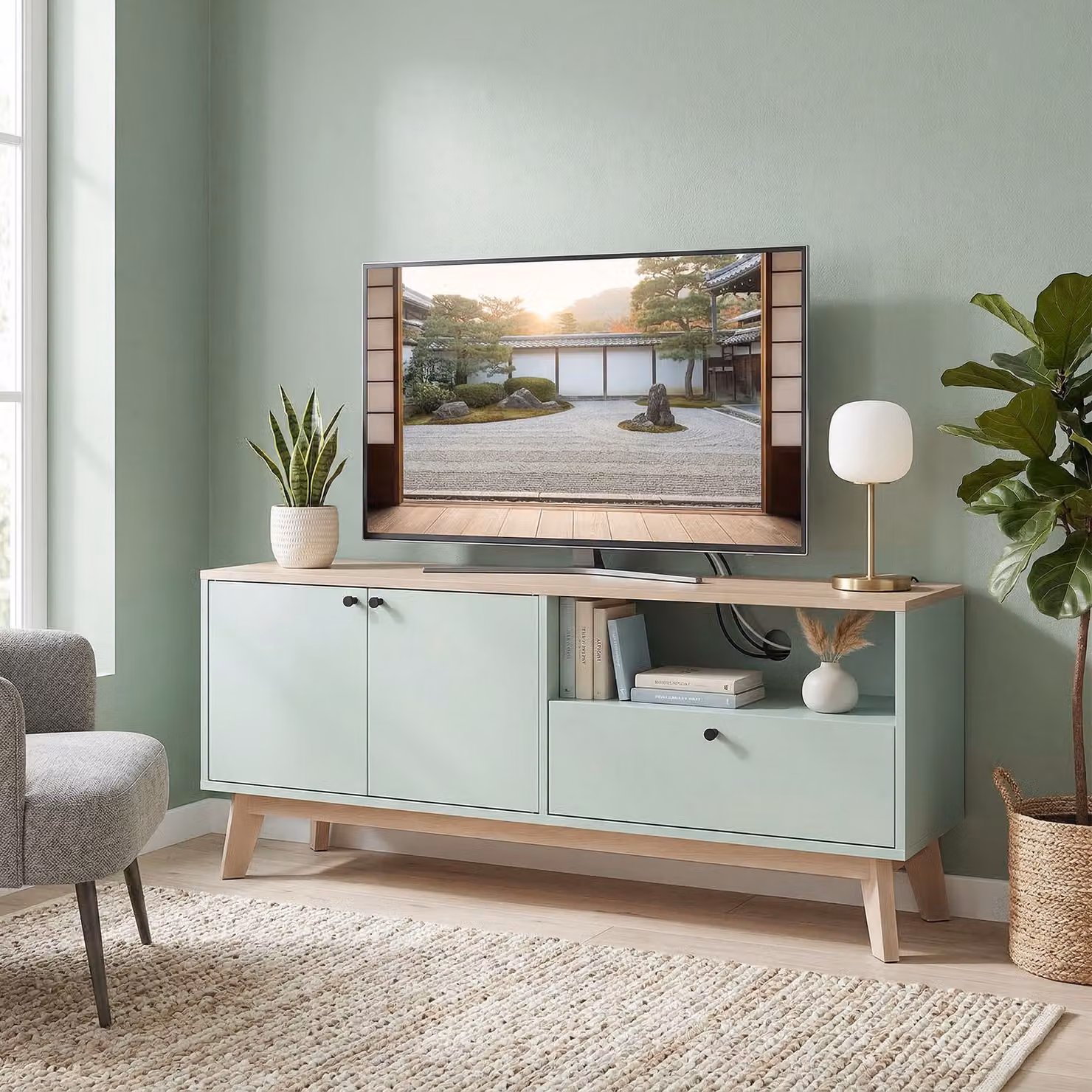 Mobile TV HOMCOM moderno con 2 ante, cassetto e vano aperto, Verde chiaro, Larghezza: 120 cm – 2