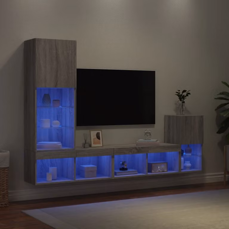 Mobile TV a muro vidaXL con illuminazione LED integrata, 4 pezzi, Grigio Sonoma, in legno multistrato