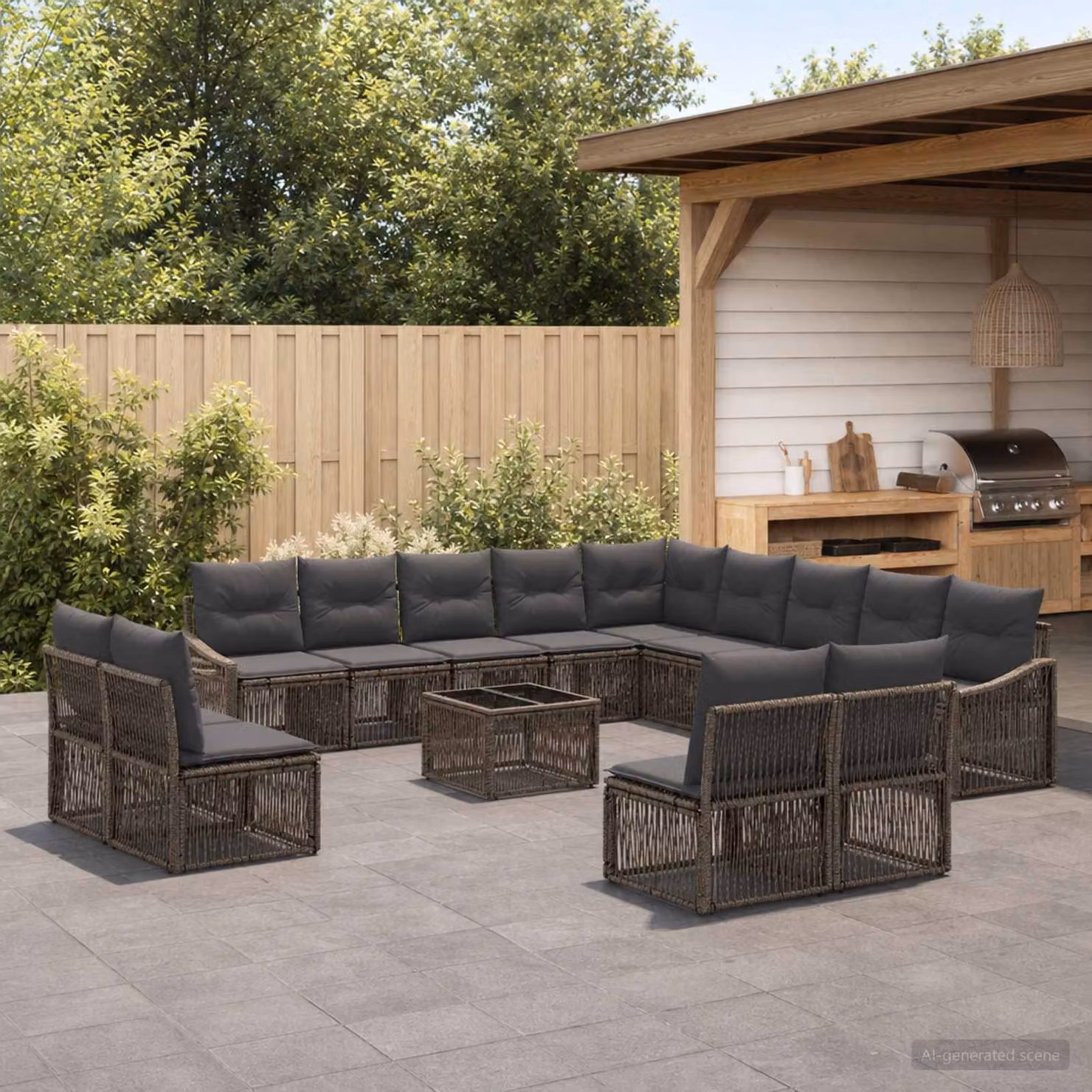 Set Divano da Giardino vidaXL 14 pz a forma di U Grigio con Tavolino e Cuscini in Polyrattan e Acciaio