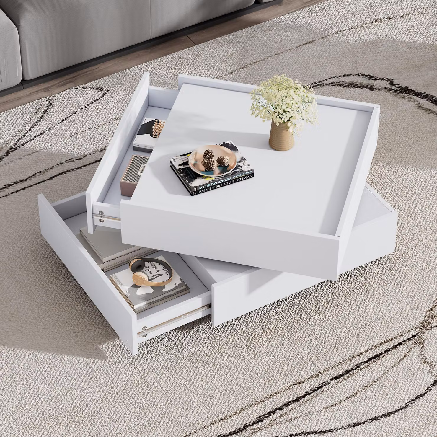 Tavolino da divano, dimensioni 60x60x38 cm, realizzato in pannello di particelle al 100%, colore bianco, tavolino girevole a 360°, dotato di 2 cassetti e ripiano