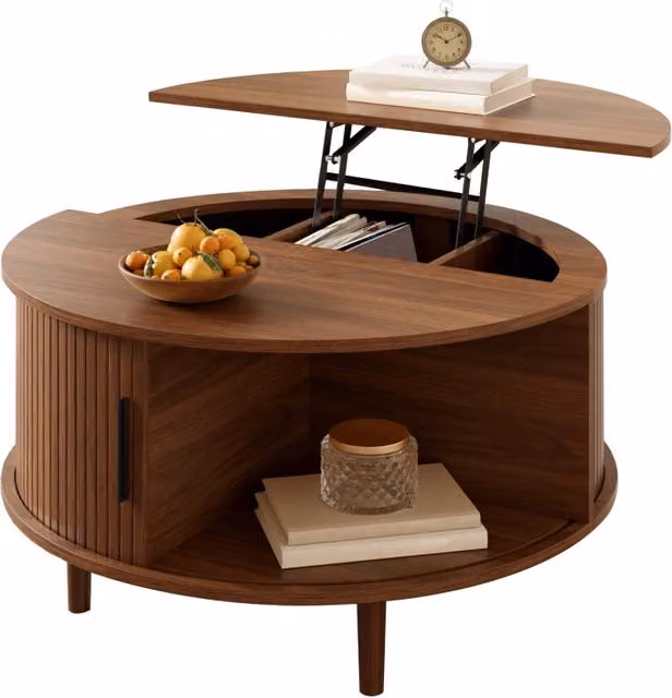 Tavolino da salotto rotondo con piano elevabile, vano diviso e anta scorrevole, in MDF noce, 80 × 80 × 59 cm