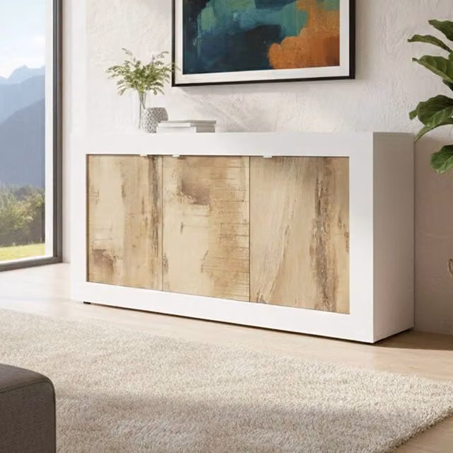Credenza Faustin DMORA in Bianco e Acacia per Soggiorno e Cucina L 160 x P 43 x H 86 cm – 1