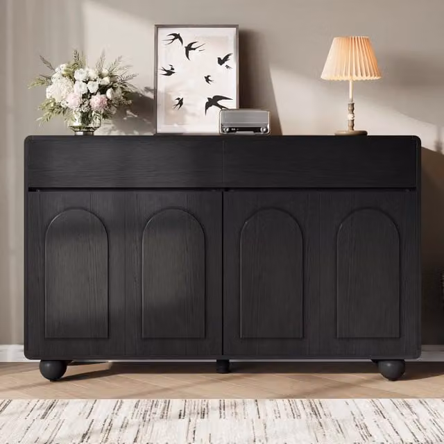 Credenza Nera Moderna in MDF 140 cm; Madia Soggiorno con Ante Curve; 4 Ante e 2 Cassetti