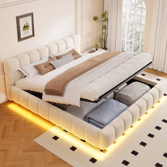 Letto contenitore 160x200 cm; matrimoniale con contenitore idraulico; testiera e lati imbottiti; LED; velluto; beige