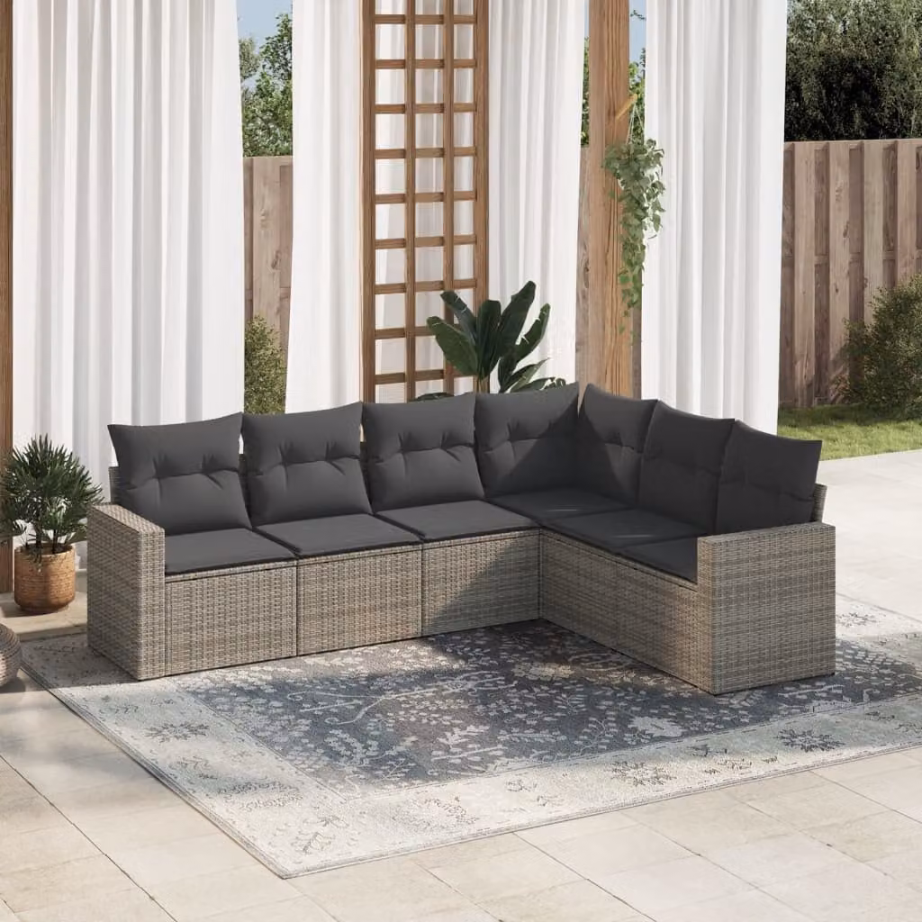 Set Divano da Giardino vidaXL 6 pz a Forma a L in Polyrattan Grigio con Cuscini Imbottiti e Coperture Rimosse – 1